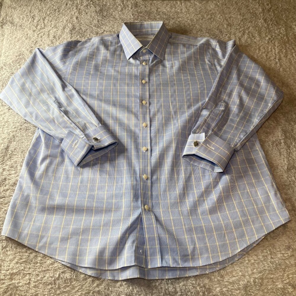Charles Tyrwhitt Men's  Long Sleeve Shirt non iron 17.5 / 35in  Plaid/ Cufflinks